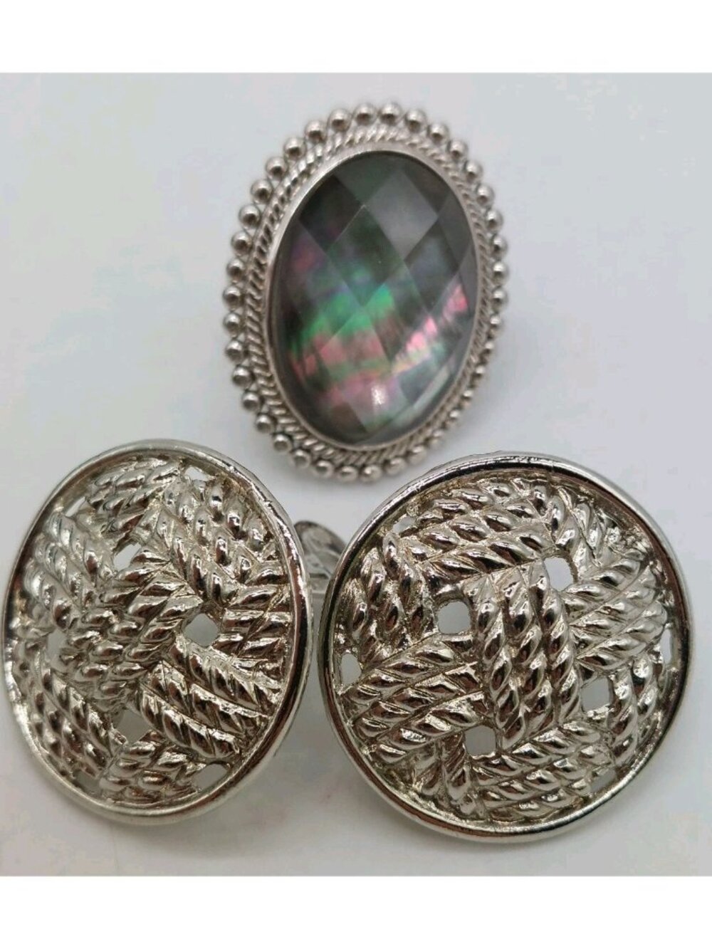 Silvertone Button Earrings Twisted Rope Design Clip On And Ring Size 7